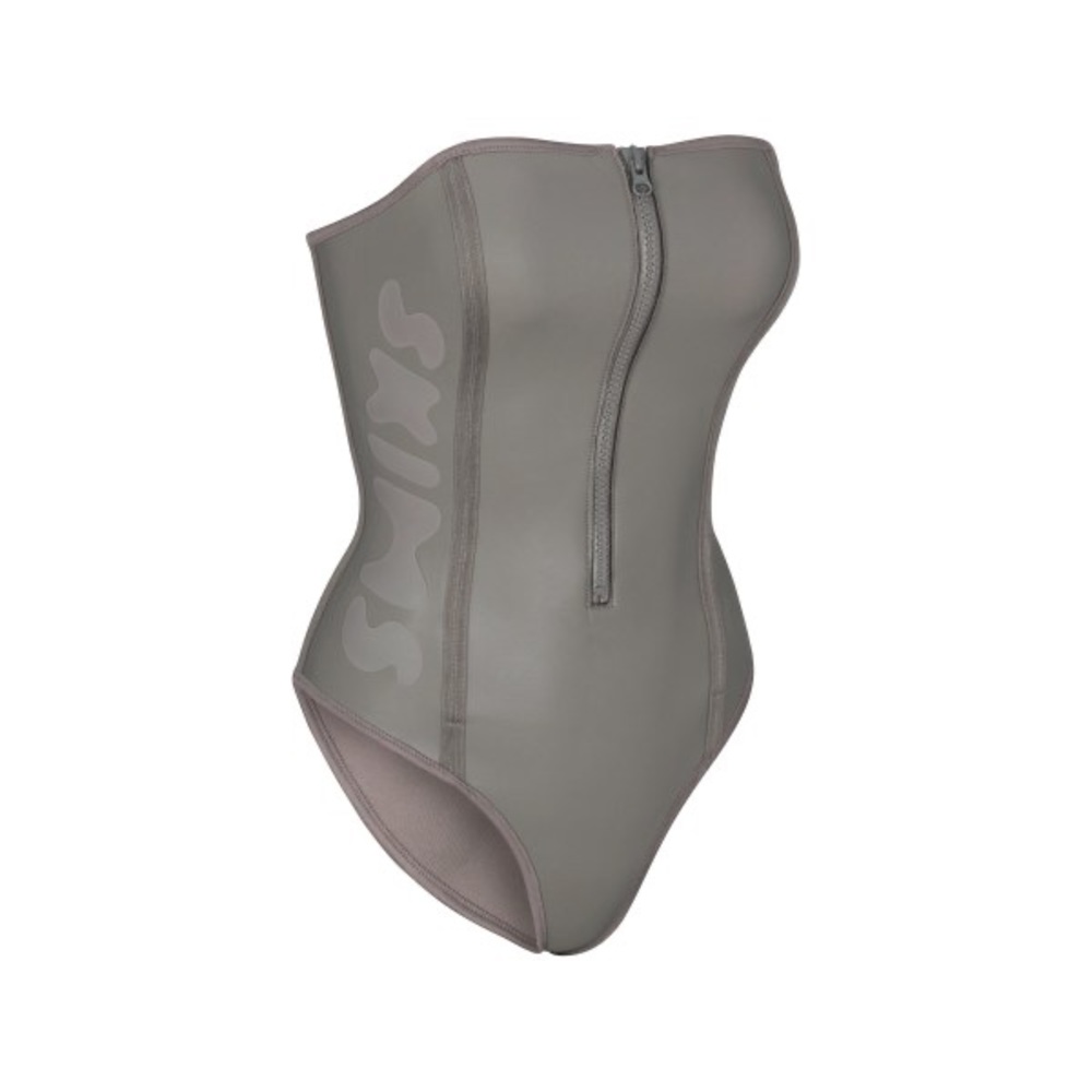 SKIMS RUBBERIZED SCUBA SWIM STRAPLESS ONE PIECE in Grey NEW